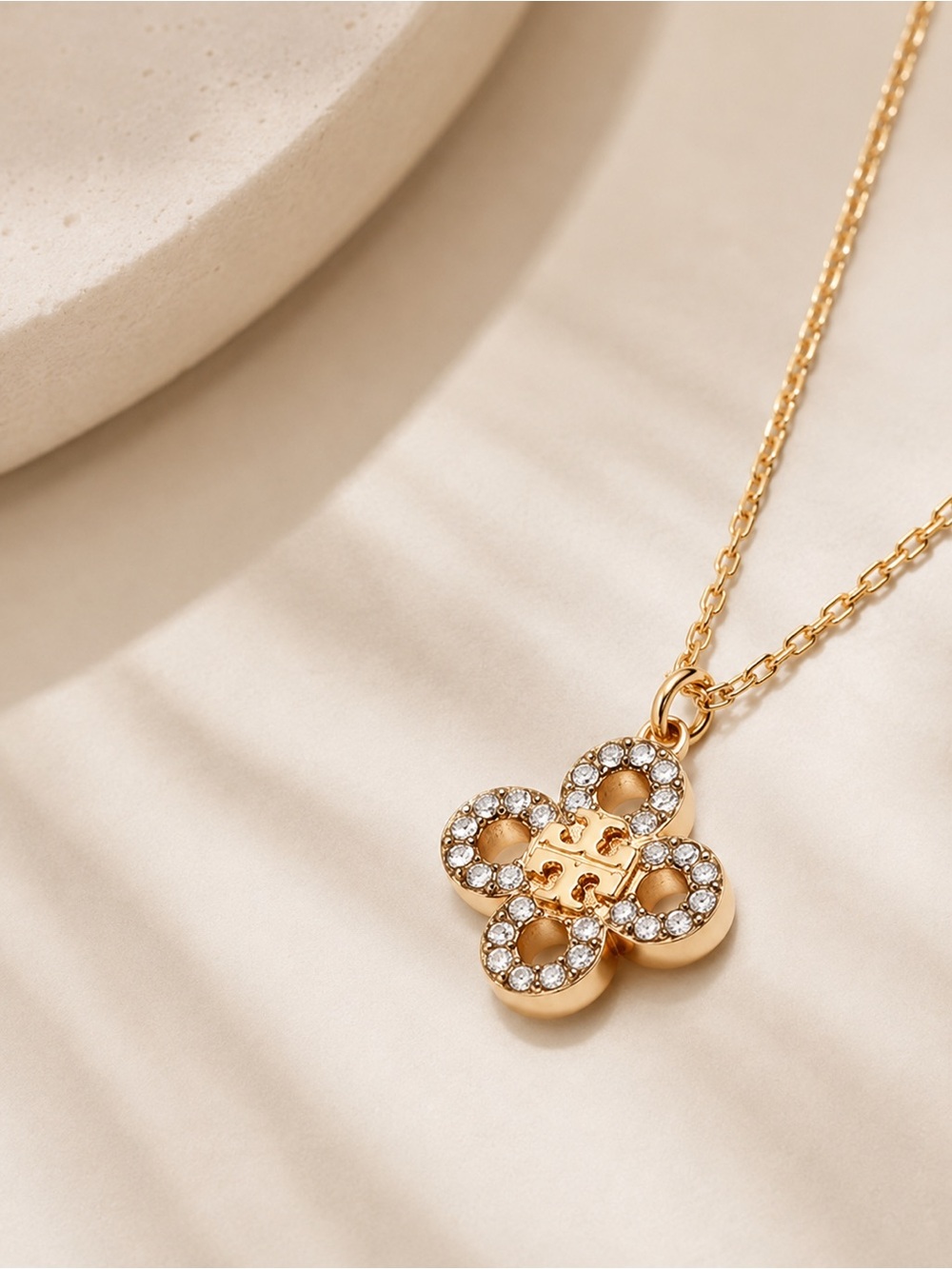✨ Tory Burch 18K GP GOLD Kira Clover Pave Logo Pendant Necklace - Picture 6 of 8